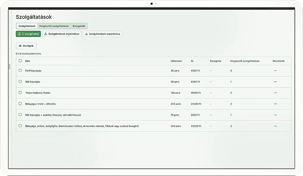 Szolgáltatások táblázat